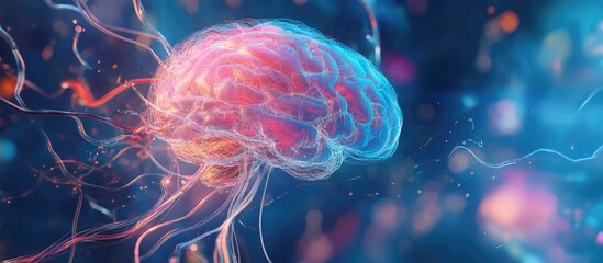 Poster - 2D illustration showcasing the concept of thought featuring an abstract representation of a brain and technology focused web design