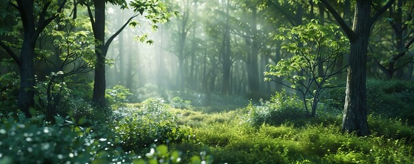 Wall Mural - Spring forest with vibrant green foliage, 4K hyperrealistic photo