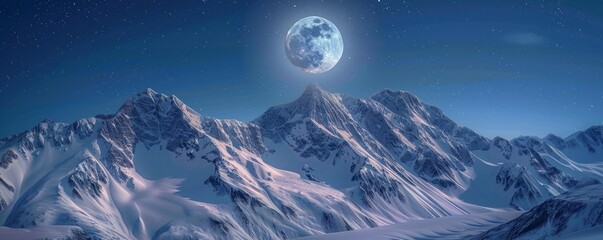 Wall Mural - Snow-covered mountains under a bright full moon, 4K hyperrealistic photo,