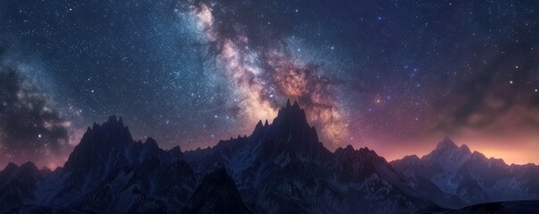 Wall Mural - milky way galaxy over mountain silhouette, 4k hyperrealistic photo