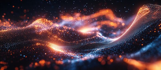 Poster - 3D abstract background featuring illuminated digital waves composed of glowing particles Conceptual illustration of technology and modern HUD elements
