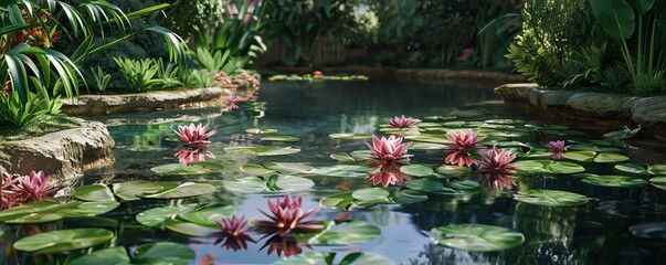 Tranquil garden with a reflecting pool and water lilies, 4K hyperrealistic photo