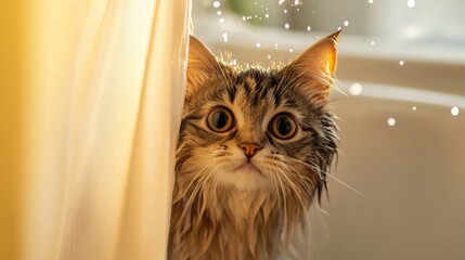 Poster - A fluffy cat with its head peeking out from behind a curtain of flowing water, with a bath setting and gentle lighting, capturing the cuteness of the bathing moment.
