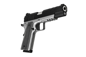 Canvas Print - Modern silver semi-automatic pistol. A short-barreled weapon for self-defense. A small weapon for concealed carry. Isolate on a white back.