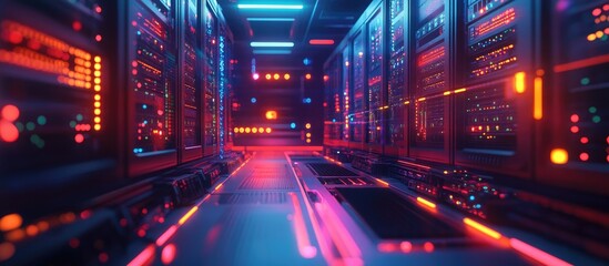 Poster - 3D animation depicting a digital technology background showcasing a data center with servers emphasizing 5G LTE connectivity and high speed internet
