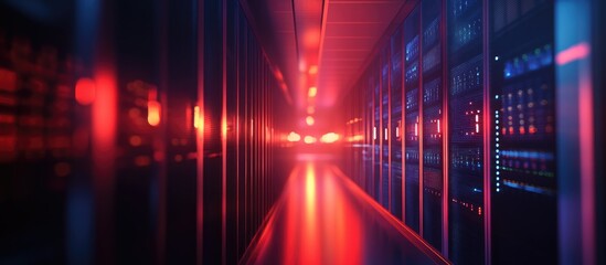 Poster - 3D animation depicting a digital technology background showcasing a data center with servers emphasizing 5G LTE connectivity and high speed internet