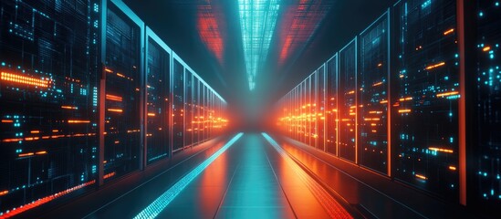 Poster - 3D animation depicting a digital technology background showcasing a data center with servers emphasizing 5G LTE connectivity and high speed internet