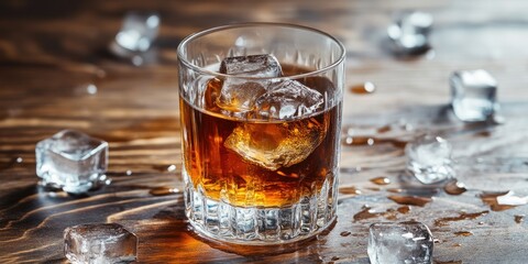 Elegant Whiskey on Wooden Table with Ice Cubes