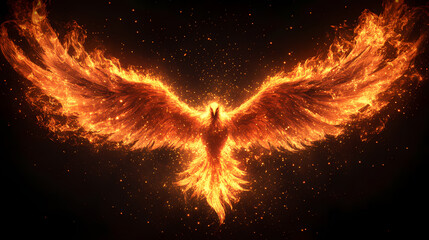 Wall Mural - Illustration of a phoenix in fire. symbol of rebirth. fenix with burning wings and feathers. firebird on black background. generative ai. Phoenix. Illustration