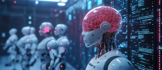 Aufkleber - 3D artificial intelligence concept showcasing a digital brain and neural network featuring AI servers and robots Highlighting online communication through chatbots responding to customers