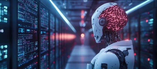 Aufkleber - 3D artificial intelligence concept showcasing a digital brain and neural network featuring AI servers and robots Highlighting online communication through chatbots responding to customers