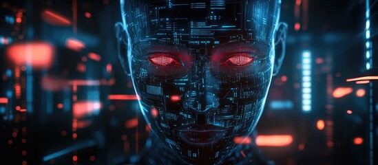 Aufkleber - 3D bionic electric face illustration featuring digital technology internet networks and a futuristic AI robot with deep learning capabilities and cyberpunk elements