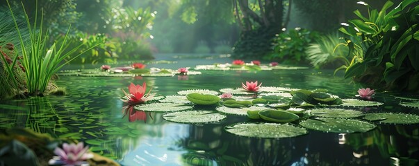 Wall Mural - Peaceful farm pond with lily pads floating, 4K hyperrealistic photo