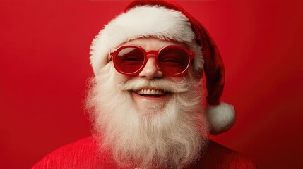 Cheerful Santa Claus in Sunglasses and Red Background