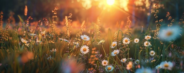 Wall Mural - Sunrise illuminating a field of wildflowers, 4K hyperrealistic photo,