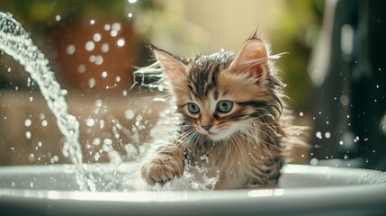 Poster - A fluffy kitten with its fur all wet, playfully splashing water in a small sink, with bubbles and a gentle stream of water creating a fun, adorable scene.