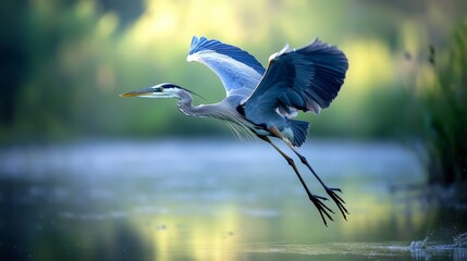 Poster - A graceful heron in mid-flight, with its long legs extended and wings outstretched, captured close-up as it moves across a tranquil lake with a serene, natural backdrop.