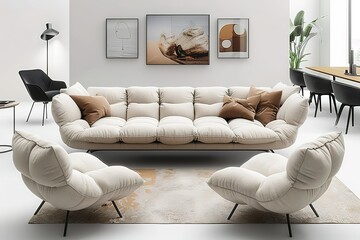 A living room with a white couch and two chairs