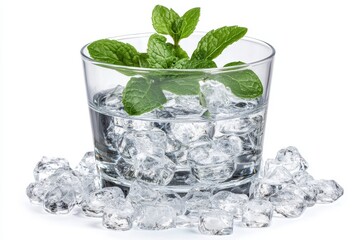 Refreshing Cold Drink, Glass of Water, Ice Cubes and Fresh Mint on a White Background