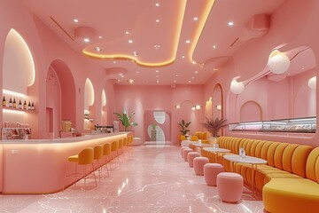 A pink and yellow restaurant with a lot of seating and a green plant