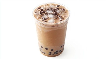Poster - A high-angle shot of a bubble milk tea cup with a layer of ice, showing the drink texture and tapioca pearls, with the pure white background creating a sleek, modern look