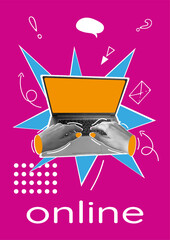Trendy Poster Collage with Hand, Computer, School Icons, Modern font. Modern Banner design of website, programming, online lessons, idea. Vector illustration Concept with simple elements and icons. 
