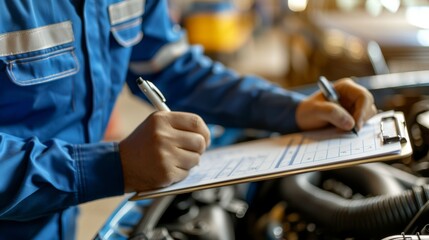 Mechanic in uniform filling out a checklist while performing maintenance on a vehicle engine in an auto repair shop.