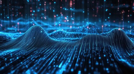 Poster - 3D depiction of blue neon frequency pattern