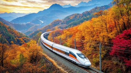 Aufkleber - A high-speed train curving through a scenic route, with vibrant autumn foliage and mountains in the background, illustrating the harmony between nature and modern travel.