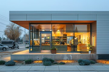 Wall Mural - A large building with a glass front and a green plant in a planter