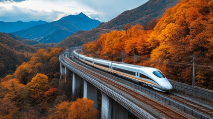 Aufkleber - A high-speed train curving through a scenic route, with vibrant autumn foliage and mountains in the background, illustrating the harmony between nature and modern travel.