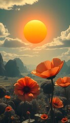 Wall Mural - surreal background with distorted landscapes and oversized flowers under a bright orange sun create with ai