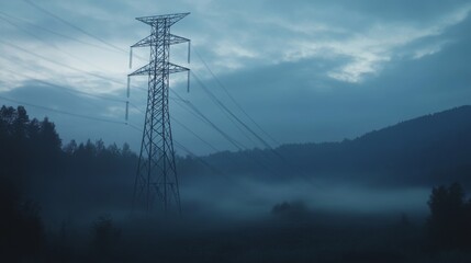 Aufkleber - A high-voltage power transmission tower illuminated by the soft light of dawn, with fog rolling in the background, creating a dramatic and atmospheric scene.