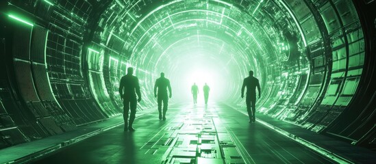Poster - 3D figures in a futuristic tunnel representing a sci fi theme Concept of advanced technology Green screen backdrop 3D render