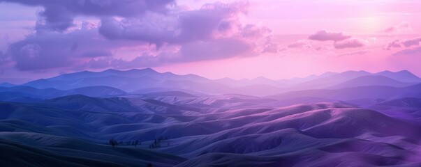 Wall Mural - Rolling hills with a sunset and purple hues, 4K hyperrealistic photo,