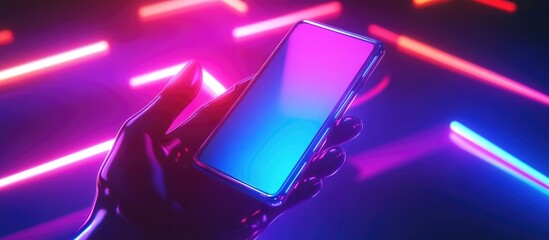 Poster - 3D hands grasping a smartphone while gesturing toward the display Neon illumination futuristic theme technology metaverse and cryptocurrency 3D visualization