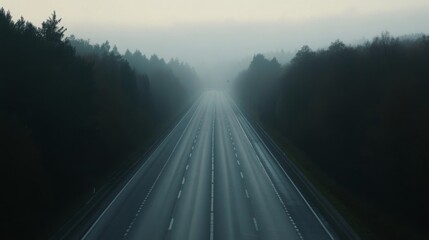 Leinwandbilder - A long stretch of empty motorway cutting through a dense forest, with the road leading towards the horizon, capturing the serenity of an early morning drive