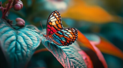 Poster - A macro shot of a butterfly perched on a vibrant leaf, with its delicate wings spread and showcasing its patterns and colors, while the leaf provides a natural backdrop.