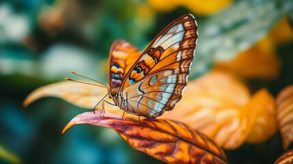 Poster - A macro shot of a butterfly perched on a vibrant leaf, with its delicate wings spread and showcasing its patterns and colors, while the leaf provides a natural backdrop.
