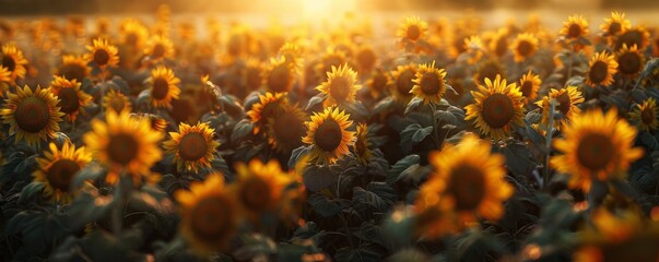 Canvas Print - Sunrise illuminating a field of sunflowers, 4K hyperrealistic photo,