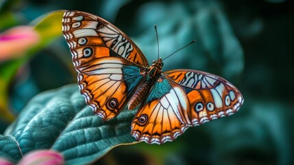 Poster - A macro shot of a butterfly perched on a vibrant leaf, with its delicate wings spread and showcasing its patterns and colors, while the leaf provides a natural backdrop.