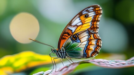 Poster - A macro shot of a butterfly perched on a vibrant leaf, with its delicate wings spread and showcasing its patterns and colors, while the leaf provides a natural backdrop.