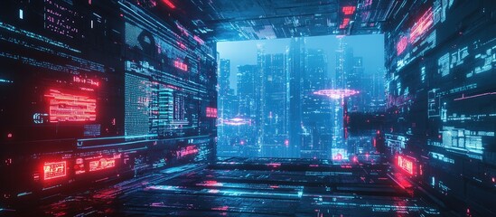 Poster - 3d illustration depicting a futuristic cyber environment with advanced technology and digital elemen