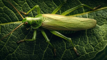 Poster - A macro shot of a grasshopper blending into the leaf it is resting on, with its green coloration providing camouflage and the texture of the leaf adding to the detailed image.