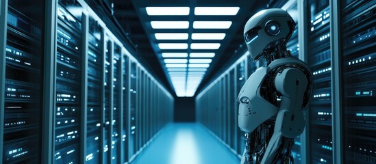 Poster - 3D illustration depicting a humanoid robot often referred to as an android showcasing artificial intelligence within a server room