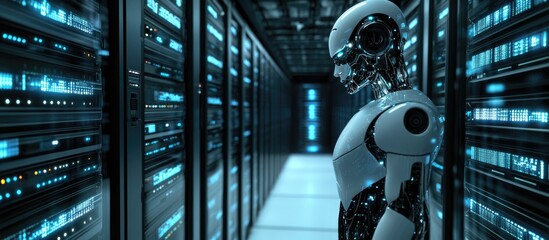 Poster - 3D illustration depicting a humanoid robot often referred to as an android showcasing artificial intelligence within a server room