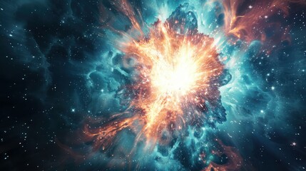 Canvas Print - Cosmic nebula with a central explosion, characterized by vibrant colors and a dynamic display of light and matter