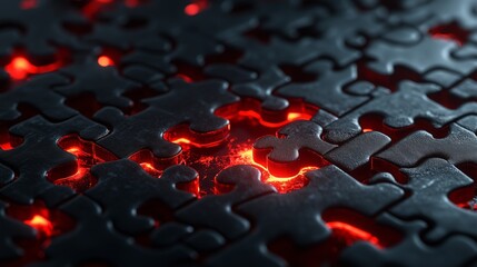 Poster - Glowing black puzzle pieces illuminated by red light on a textured surface creating an intriguing visual composition