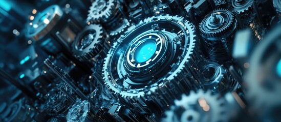 Poster - 3D illustration depicting advanced technology and security concepts featuring mechanical and robotic gears along with a central mecha component Graphic resource
