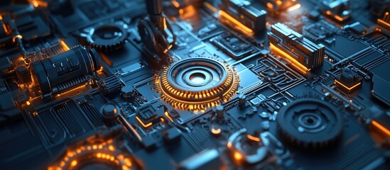 Poster - 3D illustration depicting advanced technology and security concepts featuring mechanical and robotic gears along with a central mecha component Graphic resource